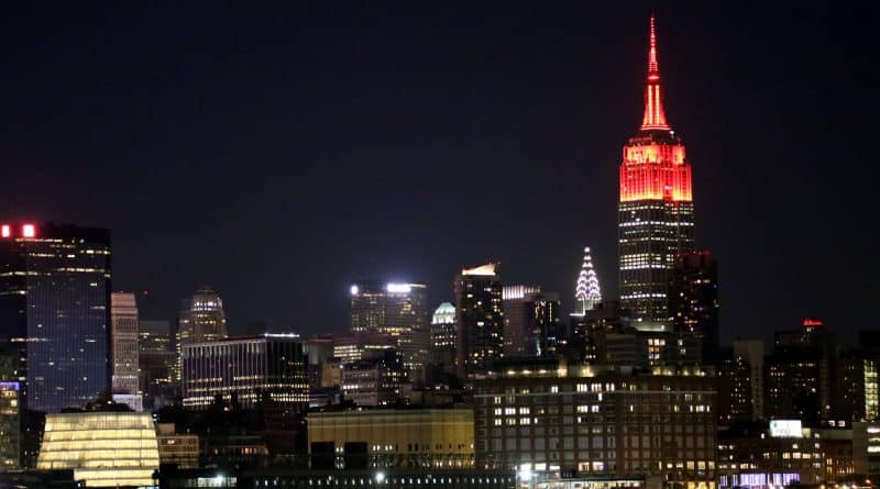 Today the new York skyline glowed with red light
