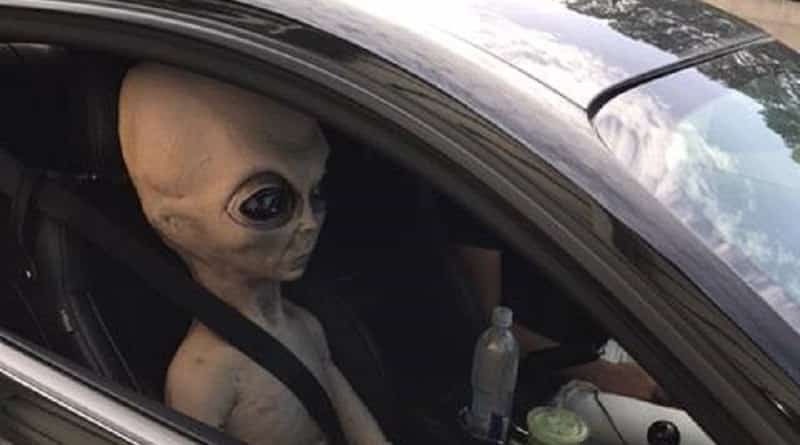 In the car, stopped for speeding, discovered … alien
