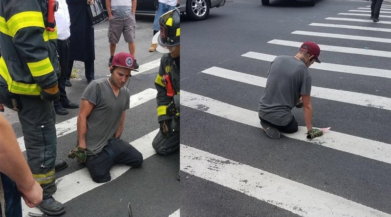 In Brooklyn under the feet of the guy fell through the asphalt