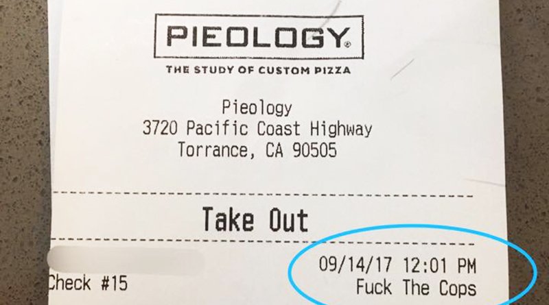 The pizza police handed over a check with an obscene insult