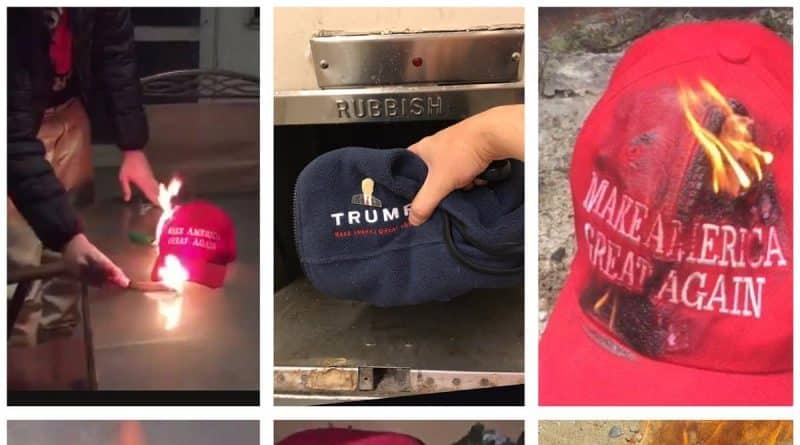 Supporters of trump’s burn caps «Make America Great Again» in protest
