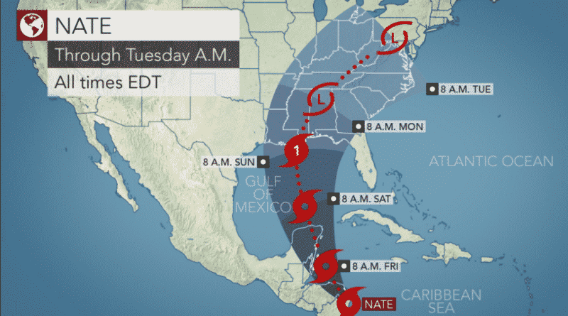 Tropical storm Nate has claimed at least 10 lives in Central America and is moving to the USA