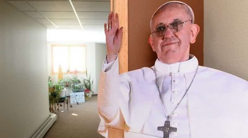 The three elderly women kidnap a cardboard figure of the Pope from the Church in new Jersey