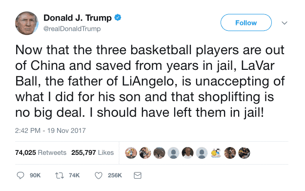 Trump wrote that detainees in China basketball players, had to leave jail