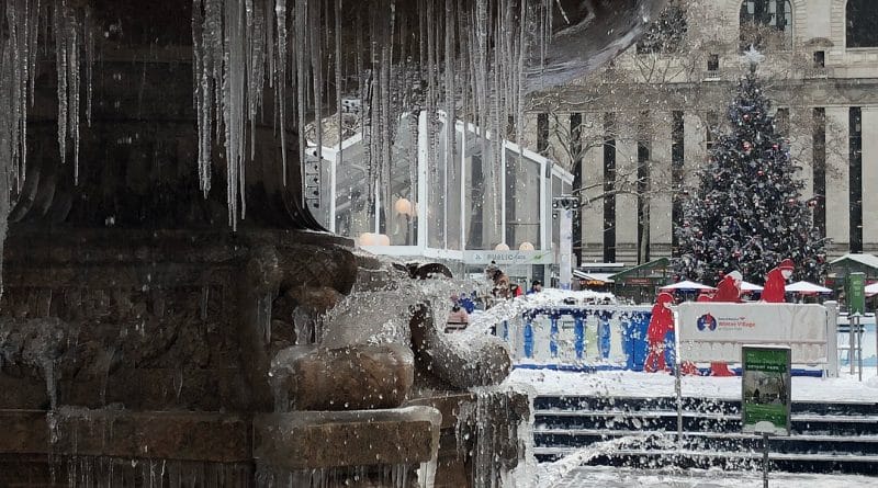 Winter came to new York in Bryant Park frozen fountain