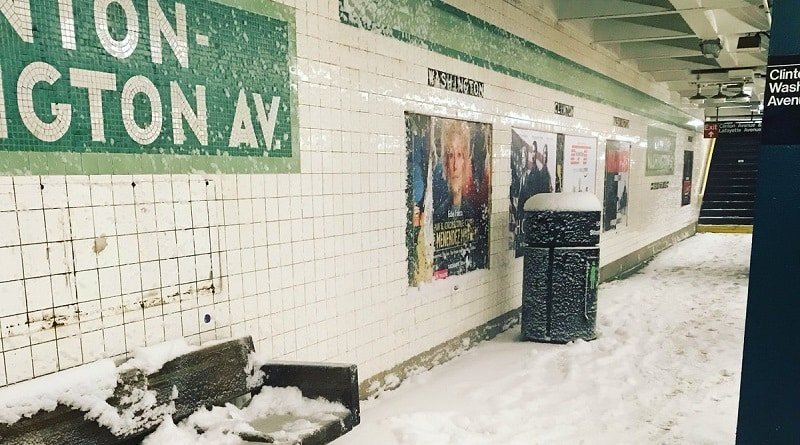 Station of the new York subway covered with snow