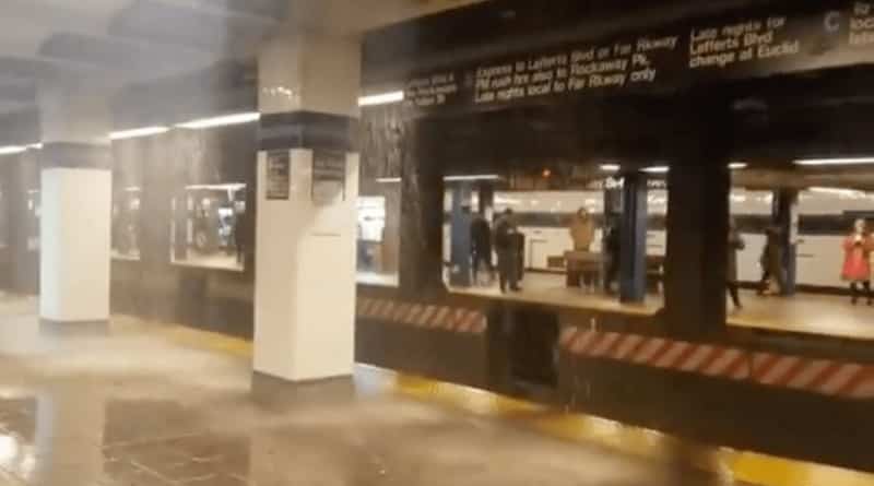 In flooded Brooklyn subway station (video)