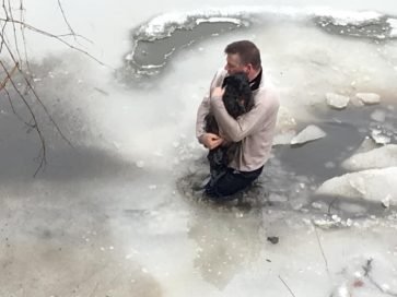 The man without hesitation threw himself into the icy water for the drowning dog of a stranger