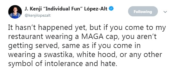 The restaurant owner and famous chef apologized for refusing to serve customers wearing caps MAGA, which compared the swastika