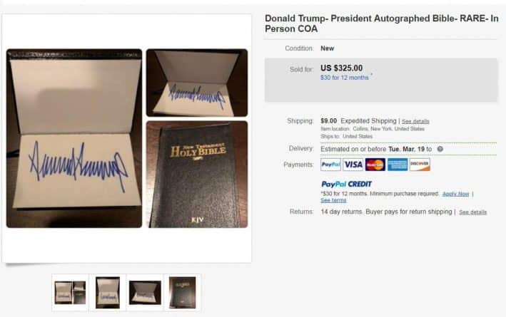 A Bible signed by trump, was sold for $325 on eBay