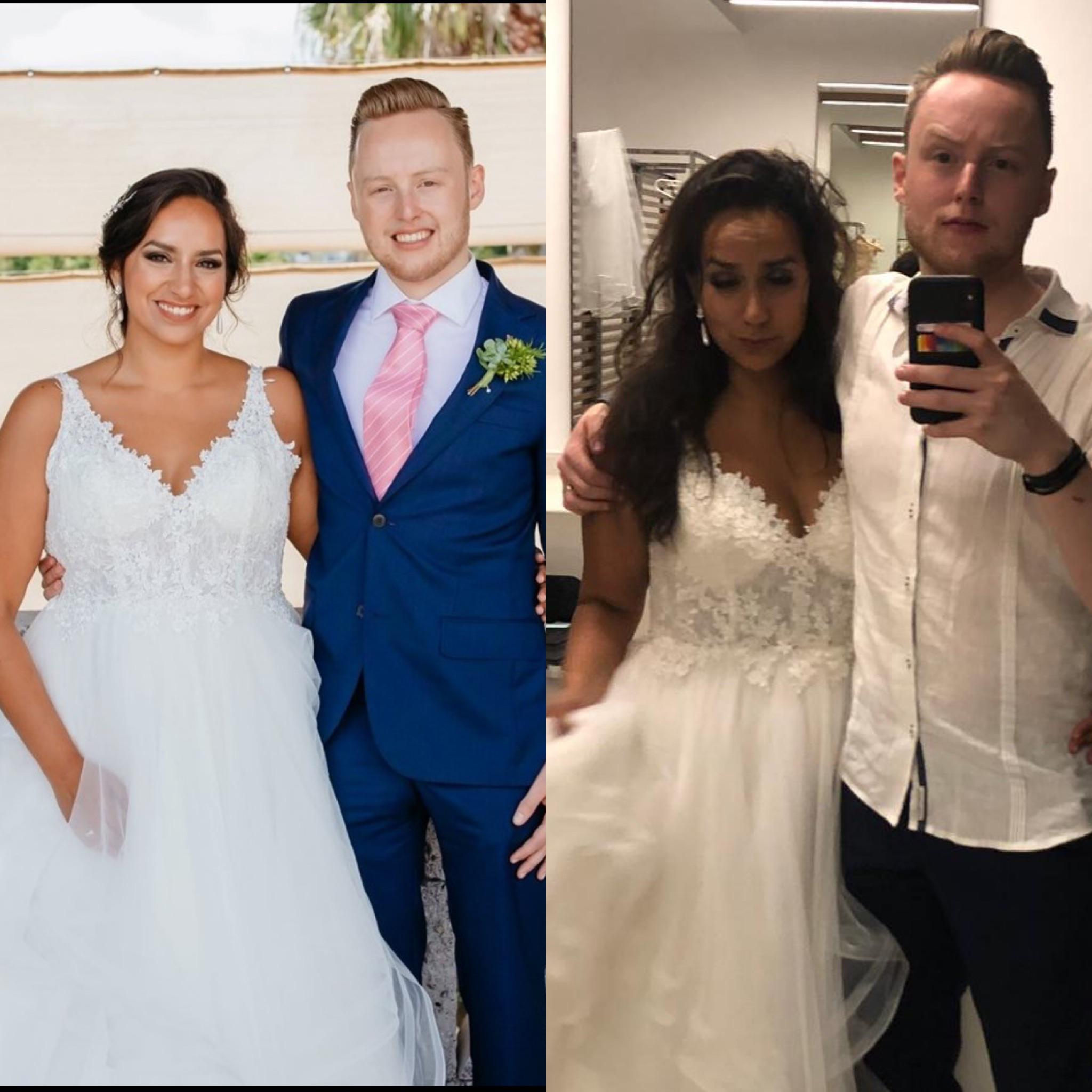 Before and after: the couple shared a hilarious photo of how exhausting can be the wedding day