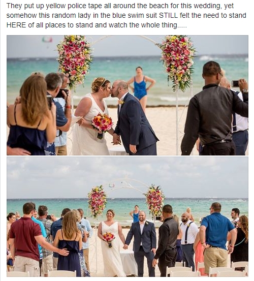 On the wedding photo of the newlyweds has eclipsed the unknown swimmer in the blue swimsuit, accidentally caught in the frame