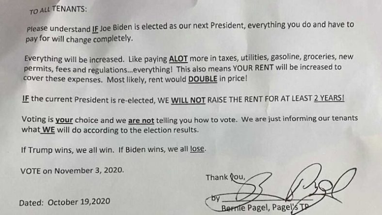 Colorado homeowner threatens tenants to double rents if Trump loses election